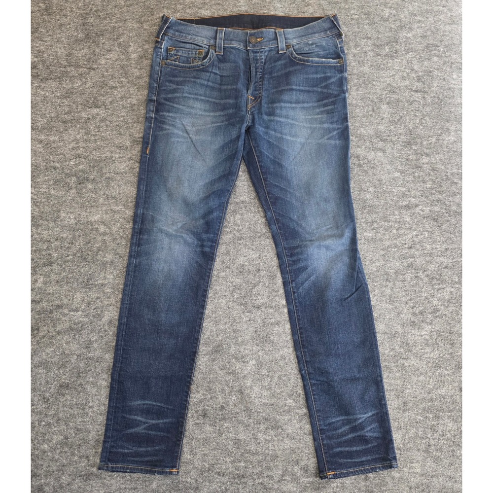 True Religion‎ Rocco Jeans Mens 36X33 Blue Denim Relaxed Skinny Button Fly USA